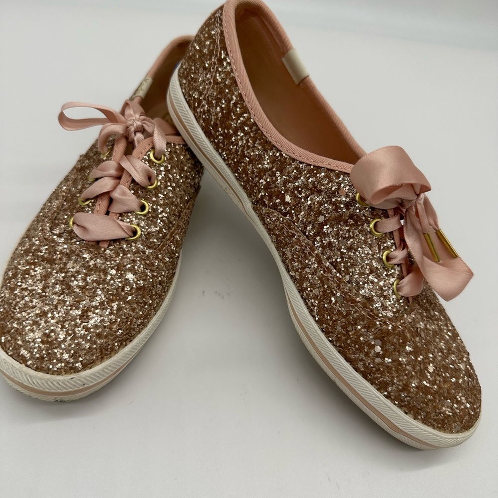 Kate Spade Rose Gold Glitter Sneakers Pink Satin Ribbon Laces